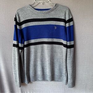 US Polo Assn. Men’s Grey Crew Neck Sweater Blue and Black Striped - Small